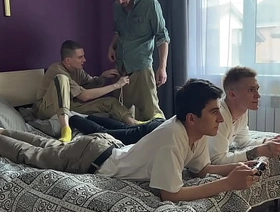 Stepfather and stepson fuck twinks in their tight asses while they play the console handsome korean gay porn