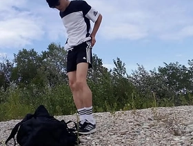 Cute twink Jon Arteen wears black Adidas outfit, shows his underwear, walks freeballing, jerking off throught his short shorts, cumming outdoor gay porn japan cute