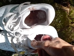 Twink jerks off his cock, squirts cum in dirty smelly shoes, into white sneakers, Nike Air Force One AF1, it's a porn video for gay feet foot fetish lovers handsome gay porn hot