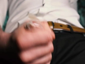 Sexy guy in a suit jerks off close-up, moans with pleasure and cums in a condom. japan gay porn movies