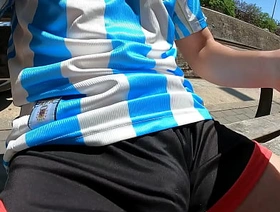 Bulging young man moans with pleasure in a public park jerking off in summer gay chinese suit porn