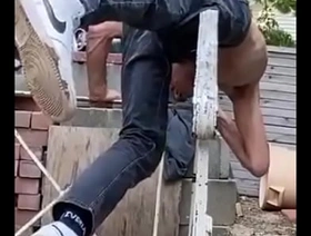Stretching and Twisting on wrought iron railing in just jeans for Pain Relief hot gay porn xxx